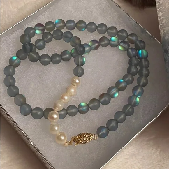 Rainbow Moonstone Pearl 14K Yellow Gold Clasp Strand Necklace